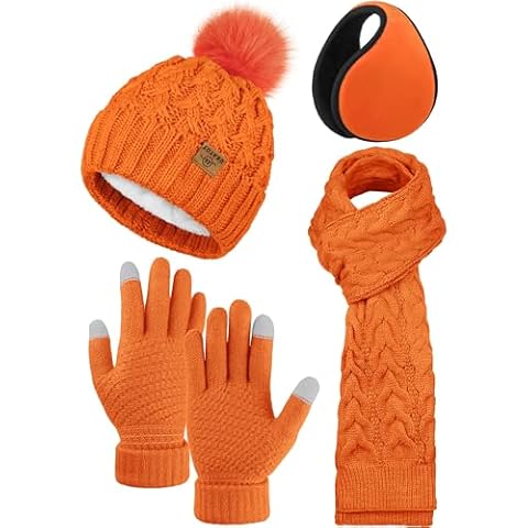 URATOT 4 Packs Winter Warm Set Knitted Pompom Hat Scarf Touch Screen Gloves Ear Warmer 4 In 1 Set for Men or Women Cover