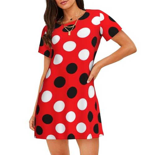 Chemise de nuit légère à pois rouges et blancs pour femme en coton doux