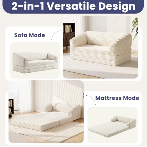 Image of JUIKURY Convertible Sofa Bed, 3-in-1 Foldable Loveseat Couch with Armrest, Corduroy Floor Sofa & Sleeper Bed, No Assembly High-Density Foam Futon Mattress for Living Room, Small Apartment, Dorm