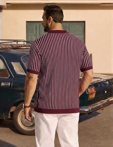 Image of COOFANDY Mens Knit Button Down Shirts Short Sleeve Polo Shirt Vintage Striped Casual Shirts