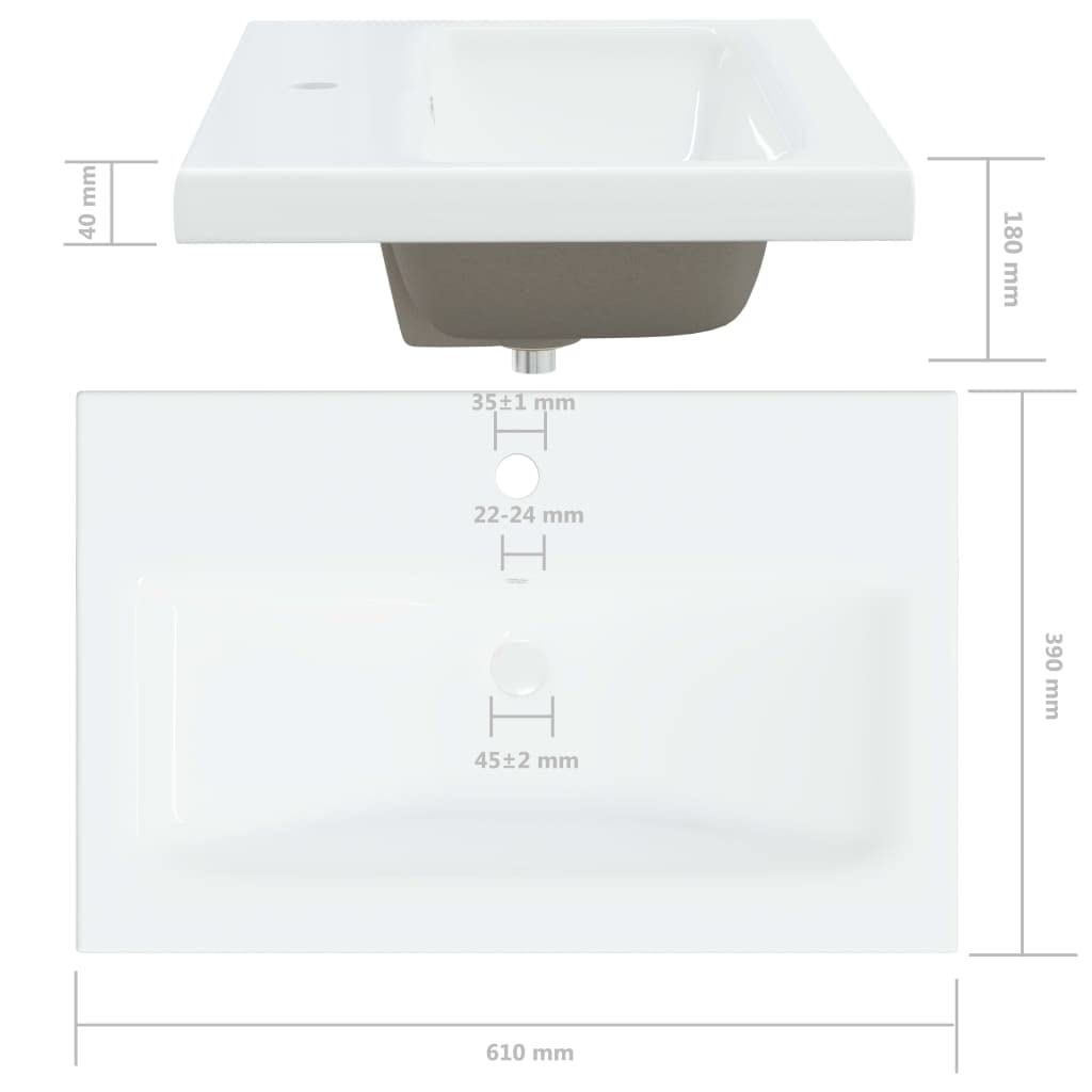 Lavabo empotrable de cerámica, 61 x 39 x 18 cm, color blanco, con grifo y rebosadero, desagüe push abierto, para cuarto de baño, huéspedes, remodelación