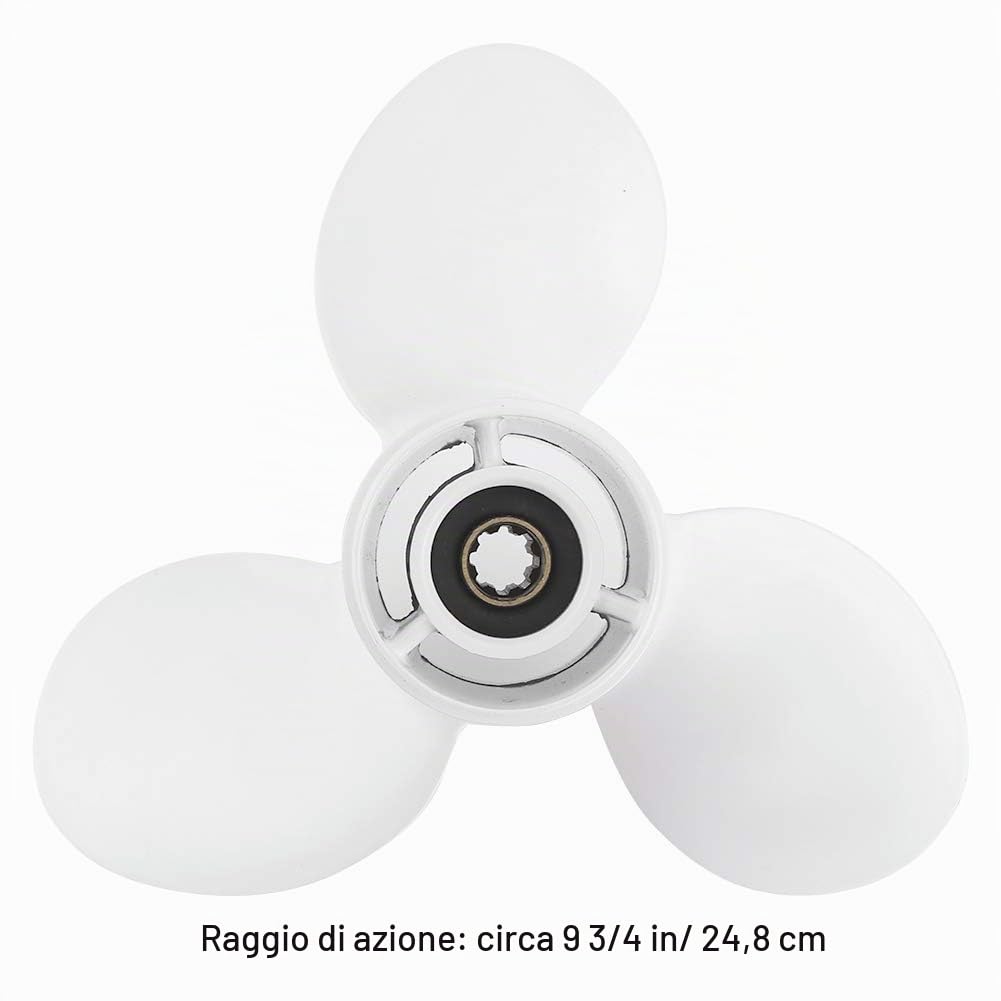 Elica a 3 pale in lega di alluminio, elica per fuoribordo marino adatto per Yamaha 9,9-15 CV, 8 denti scanalati, elica per barca Motore fuoribordo Elica per motore Sostituzione dell'elica, leggera