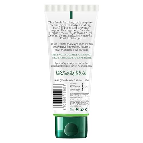 Image of Biotique Fresh Neem Pimple Control Face Wash| Ayurvedic and Organically Pure| Prevents Pimples |100% Botanical Extracts| Suitable for All Skin Types | 100mL