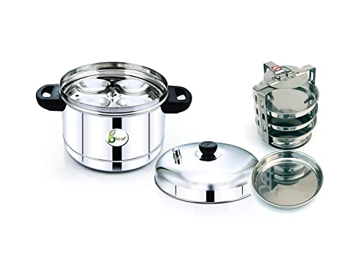 Image of BLeaf Stainless Steel - Idli cooker (Induction & Standard) with Regular Idli Stand /Idli Plates (6 Plates, 24 Idlis) (Idli Cooker with 6 Regular Idli Plates with 4 Plates Thatte Idli Stand)