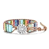 Fashion Gemstone Handmade Jewelry Multicolor Yoga Friendship Boho Leather Rectangle Stone Healing Sunflower Button Wrap Bracelet