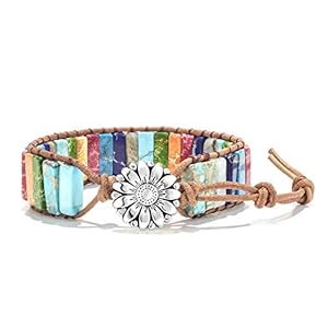 Fashion Gemstone Bracelets Handmade Bracelets Jewelry Multicolor Yoga Bracelets Friendship Boho Bracelets Leather Bracelets Rectangle Stone Healing Bracelets Sunflower Button Wrap Bracelet Girls