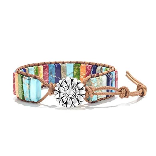 Fashion Gemstone Handmade Jewelry Multicolor Yoga Friendship Boho Leather Rectangle Stone Healing Sunflower Button Wrap Bracelet