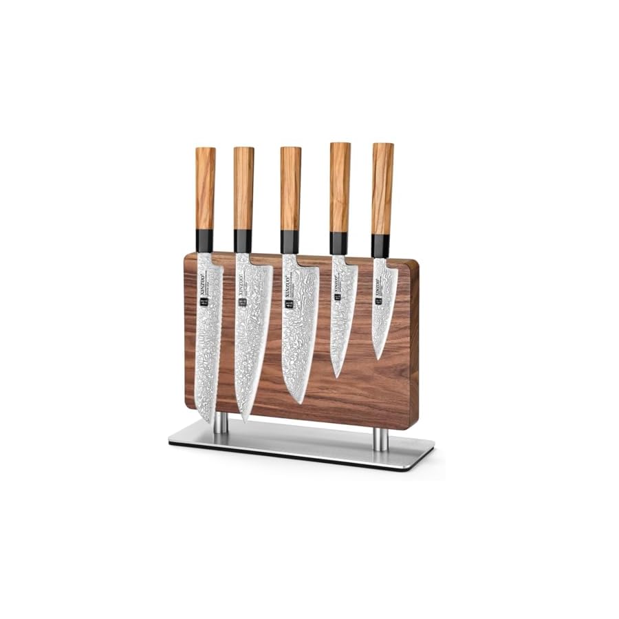 XINZUO 5-piece Damascus Kitchen Knife Set with Double-sided Magnetic Knife Holder