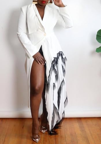 LAJIOJIO Sexy Blazer Maxi Dress for Women Formal Long Sleeve Ruffle Hem Business Office Suit Dresses with High Split2