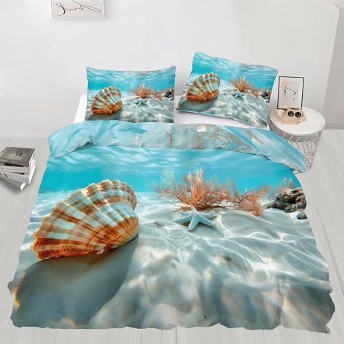 Funda Nordica Cama 180 Estrella de Mar, Concha Estampado 3D Ropa de Cama 260 X 240 cm Vida Marina Microfibra Suave Funda de Edredón Cremallera con 2 Fundas de Almohada 50x75cm a-1908