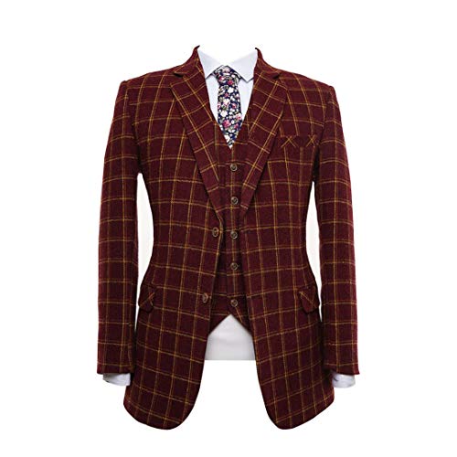 Men's Burgundy Plaid Tweed Wool Plaid Check Tuxedos Slim Fit 3 Pieces Suit Jacket Vest Pant2