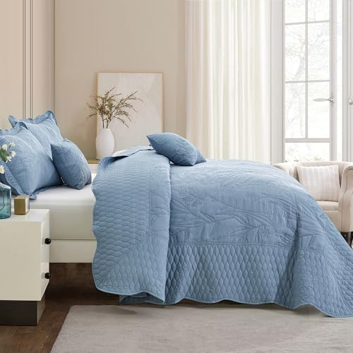 Image of Bedspread oversized Full 96x110,Beautiful Leaf Stitching,5 PC, Ashley Blue