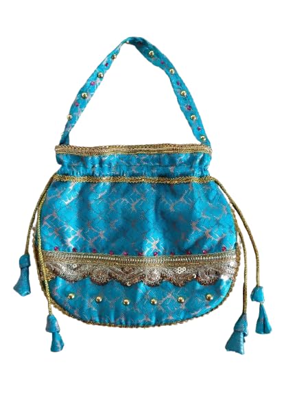 Veena creations Turquoise Silk Potli Bag with Gold Embroidery, Sequins, Tassels, Traditional Indian Ethnic Handbag-image-15