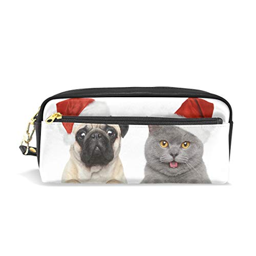 imobaby Weihnachtsmops und Katze tragbare Tasche PU Leder Schule Stifteetui Schreibwaren Bleistifttasche für Kinder Wasserdicht Kosmetik Tasche Make-up Beauty Case Cover