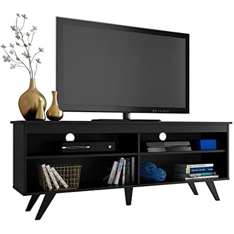 Madesa TV Stand with 4 Shelves and Cable management, for TVs up to 65 Inches, Wood, 59 H x 38 D x 150 W cm - Black Cover