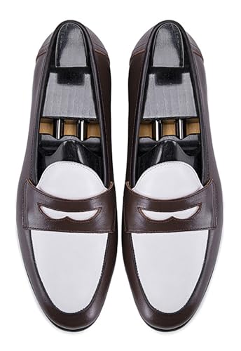 Santimon Mens Penny Loafers Slip On Causal Dress Shoes Fashion Modern Genuine Leather Two Tone Suit Shoes Prom Wedding Business MocasinesTuxedo Shoes for Men3