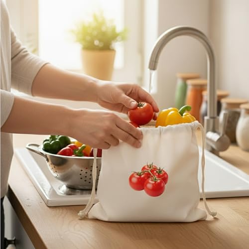 Image of Cotton Vegetable Bags for Fridge | Reusable Vegetable Storage Bags | Breathable Cloth Vegetable Cover | Eco Friendly Fridge Organizer | 12x12 Inch | Pack of 10 (DRAWSTRINGS CLOSER PACK OF 10)