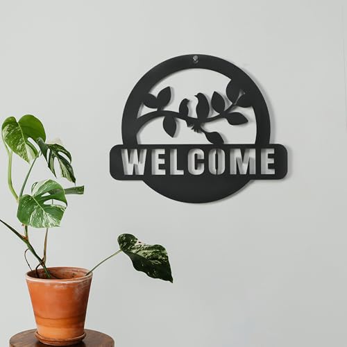 Image of Gift Kya De Wooden Welcome Sign for Home Entrance | Bird Wall Hanging Decor | GKD Laser Cut Welcome Board for Living Room, Office & Cafe (Black)