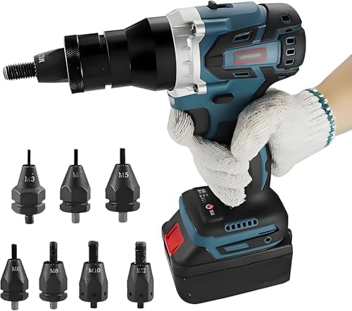 Automatic Cordless Rivet Gun - Electric Blind Nut Riveter with M3-M12 Heads, Portable Tool for Stainless Steel, Iron, Aluminum Nuts, Includes 1x 5200mAh Battery