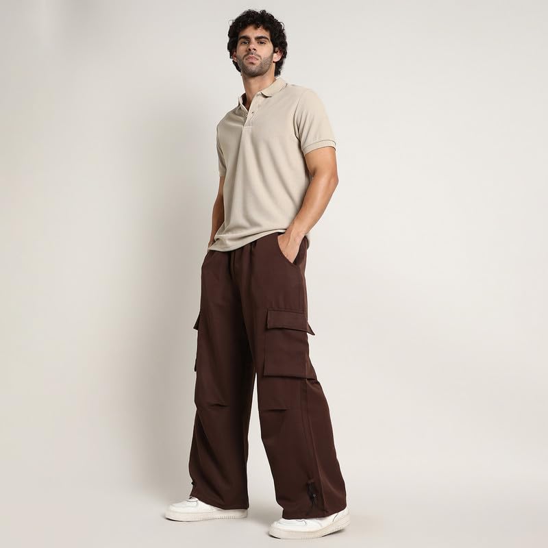Image of CAHOOT Men's Cargo Trousers for Casual Wear | Mid-Rise | Relaxed Fit | Button Closure | Cargo Pants Crafted with Comfort Fit for Everyday Wear
