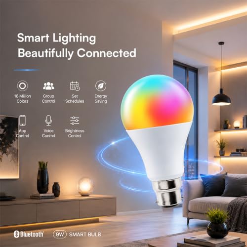 Image of Lumos Glow B22 9W Bluetooth Smart LED Bulb, Mobile App Control, RGB 16 Million Colors, Music Sync, Voice Control with Amazon Alexa & Google Assistant, Dimmable.