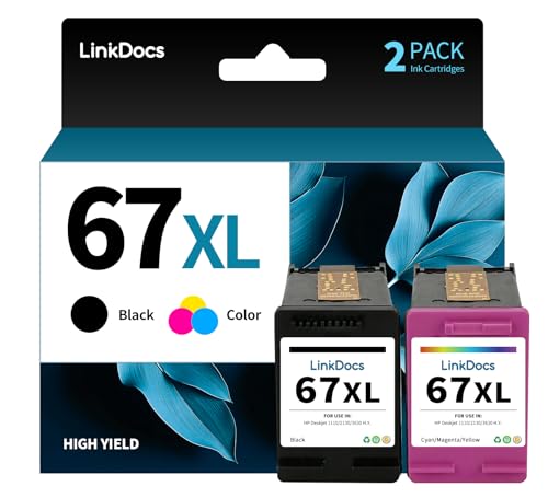 LinkDocs 67xl Ink Cartridges Combo Pack Remanufactured Replacement for HP Ink 67 Work with HP DeskJet 2855e 2800e 2755e Envy 6055e Pro 6400 6455 DeskJet 2732 2752 Printers (2-Pack Black&Tri-Color)