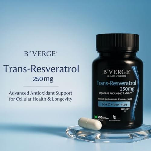 Image of B'VERGE Pure Trans-Resveratrol Supplement | 99.5% Pure NAD+ Booster | Supports Metabolism, Heart Health & Inflammation Relief - 250mg, 60 Capsules