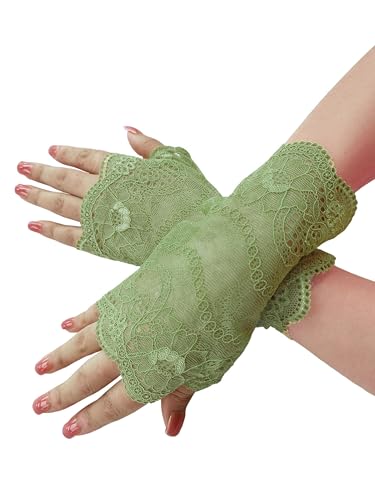 YHDDYG Womens Light Green Floral Lace Fingerless Gloves - Elegant Tea Party & Bridal Wedding Gloves for Prom Opera Costume Accessories S62 (Light Green One Size)