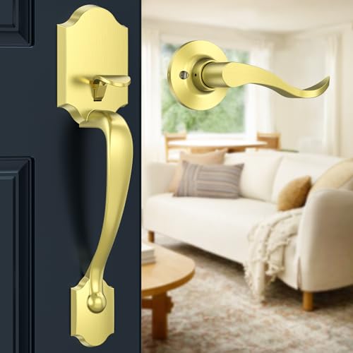 Image of Brightify Gold Front Door Handle No Lock, Classic Exterior Door Handle, Entry Door Handle Reversible for Left & Right Hand Doors