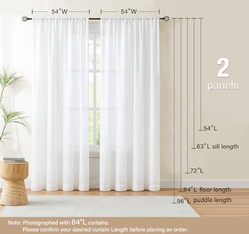 Image of Treatmentex White Sheer Curtains for Living Room 84-inch Long Linen Textured Semi Sheer Curtains for Bedroom Light Filtering Privacy Window Curtain Set 54 inchw 2 Panels Rod Pocket
