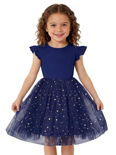 Haloumoning Toddler Baby Girls Tutu Dresses Kids Summer Ruffle Short Sleeve Star Sequin Tulle Party Dress 9M-8Y Navy Blue