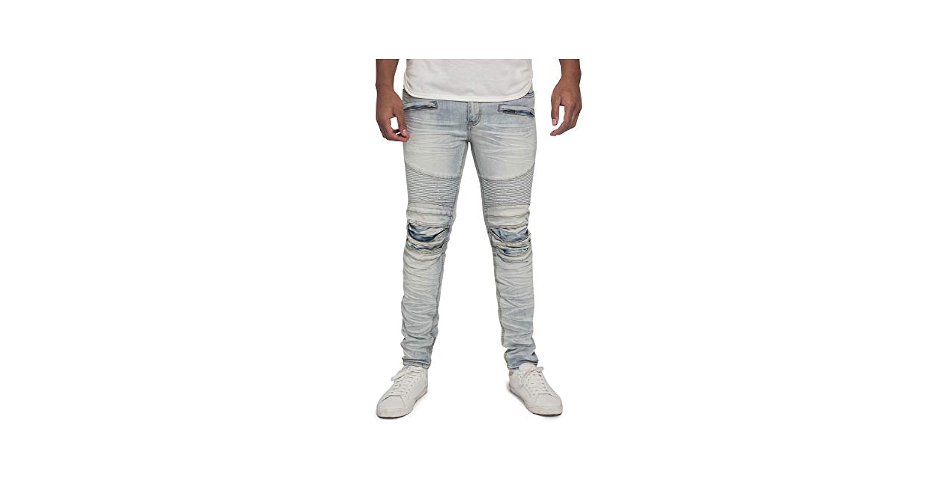 Men's Artisanal Creased Ribbed Thigh Layered Knee Moto Biker