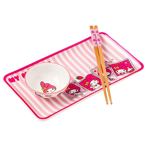 Image of Silver Buffalo Sanrio Hello Kitty and Friends My Melody 3 Piece Boxed Ceramic Sushi Set, Includes Chopsticks, Plate, and Dipping Sauce Dish