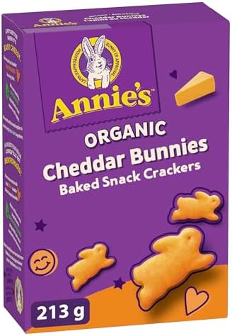ANNIE'S Cheddar Baked Snack Crackers, Organic, No Artificial Flavours, No Synthetic Colours, Contains Real Cheese and Real Milk Ingredients, 213 Grams Package of Bunny Shaped Crackers