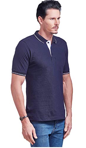 Image of Mens Premium 100% Cotton Polo Tshirt - NavyBlue with White Tipping