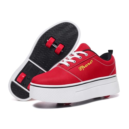 Joyfultime 4-Wheel Children's Roller Shoes with Removable Wheels and Breathable Mesh - Outdoor Durable Skateboarding Sneakers Suitable for Boys and Girls White Red