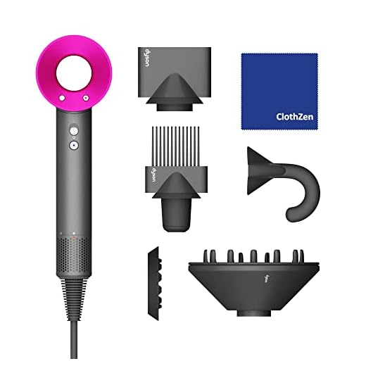 Limited Edition Dyson Supersonic Hair Dryer with ClothZen Cloth – Includes Flyaway Attachment, Styling Concentrator, Diffuser, Gentle Air Attachment & Wide-Tooth Comb – Iron/Fuchsia 1.0 Count