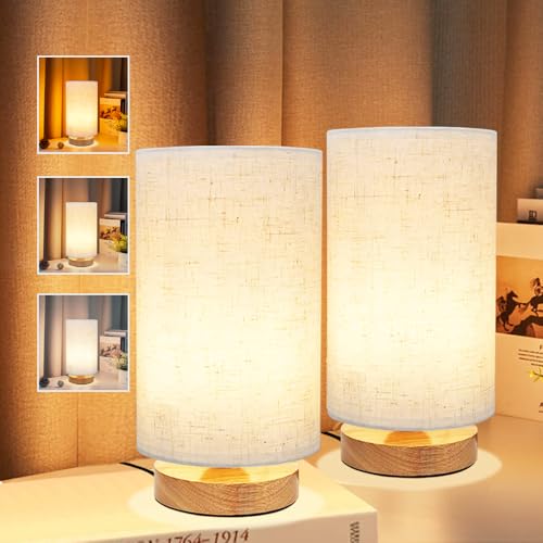 Image of 3-Color Adjustable Bedside Table Lamp for Bedroom Set of 2,Minimalist Wood Base&Round Fabric Shade,Cozy Lighting Nightstand Boho Lamp,Reading Desk Night Stand Light for Room,Office,kitchen,Nursery