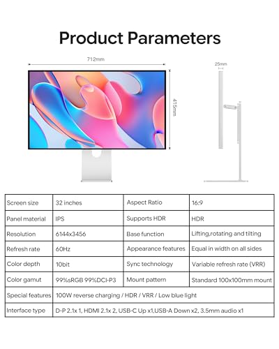Image of G32P 32'' UHD 6K (6144 x 3456) Glossy Monitor, IPS Panel, 10-Bit Color, 99% sRGB, 99% DCI-P3, 223PPI, HDR, 60Hz, 2000:1 Contrast, Low Blue Light, Eye Care (Honeycomb - with Stand)