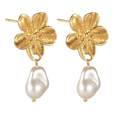 Kokoma Bohemian Flower Earrings for Women Stainless Steel Baroque Pearls Dangle Drop Stud Earrings Elegant Ear Jewelry Cover