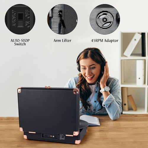 Image of Record Player Wireless Portable Suitcase Vinyl Player with Built-in Speakers Retro Style Record Player for Vinyl Records 3-Speed RCA Line Out AUX in Vintage Turntable Upgrade Black