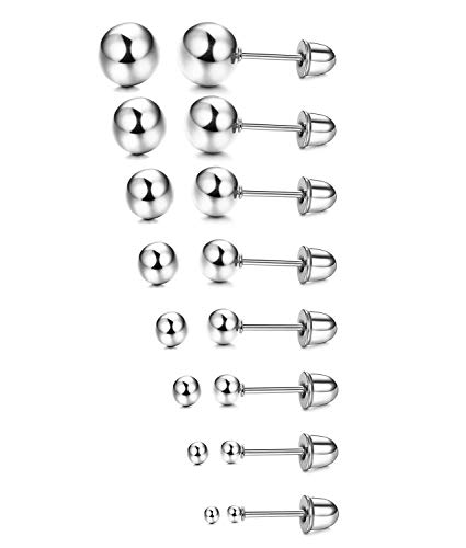 Udalyn 8 Pairs Stainless Steel Ball Stud Earrings Set with Screwbacks 1.5-7mm Silver-Tone