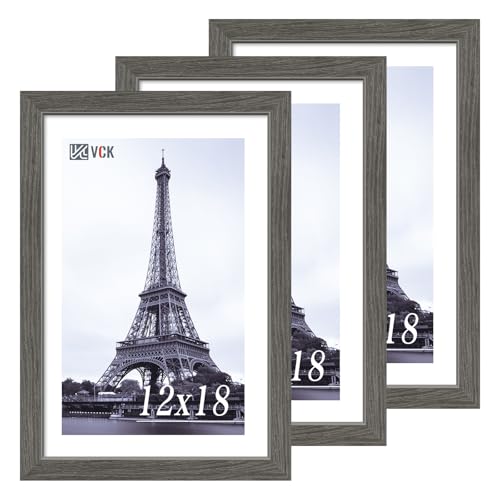 Image of VCK 12x18 Frames 3 Pack, Gray Grey Poster Frame MDF Wood with Polished Plexiglass, Wall Mounting Horizontal & Vertical Display