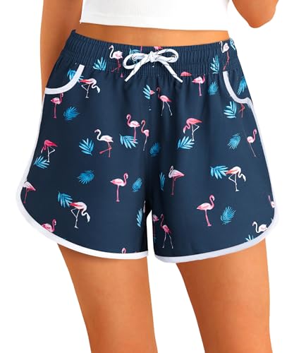 APTRO Pantalones Cortos Mujer,Bikini Deportivo Mujer Shorts de Protección UV para Playa,Tiempo Libre, Gimnasio, Yoga,flamencos WK013 XL