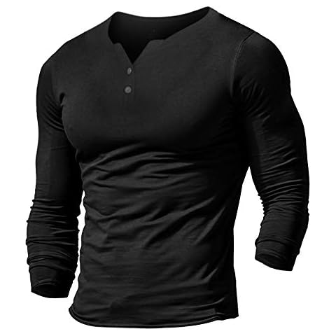 Mens Long Sleeve Henleys T-Shirts Buttons Placket Plain v Neck Cotton Shirts Cotton Style B Black L Cover