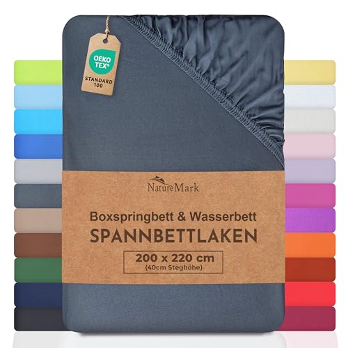 NatureMark Basic Boxspringbett & Wasserbett Spannbettlaken 200 x 220 cm - 40 cm Steghöhe - 200x220cm Spannbetttuch - 100% Baumwolle Anthrazit/Dunkel grau