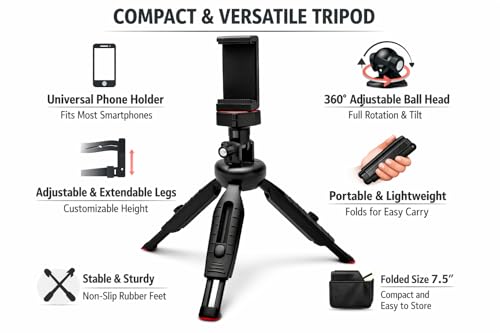 Image of Niloni Portable & Flexible Mini Tripod with Mobile Holder & 360 Degree Ball Head for Smart Phones, Compact Cameras, Gopro, iPhones, Content Creation, Shooting Reels