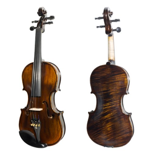 Mendini by Cecilio MV650 Ebony Fitted Highly Flamed 1-Piece Maple Back Violin + Chromatic tuner w/Metronome, 2 Bows, Extra Set of Strings, Shoulder Rest, Extra Bridge & Case in 4/4 (Full Size)