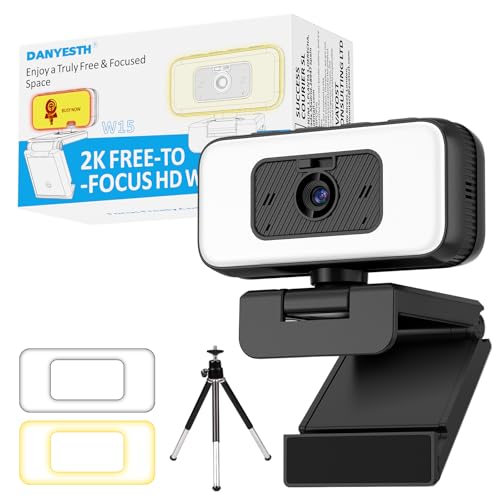 Danyesth 2K Webcam mit Mikrofon und Abdeckung – USB PC Kamera mit Licht, Zoom, Flip, Privacy-Cover – Externe Web Cam für Laptop, Desktop, Homeoffice & Streaming (2K USB-C mit Licht & 360° Stativ)
