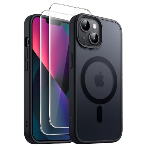 JETech 3 in 1 Magnetische Hülle für iPhone 13 Mini 5 4 Zoll mit 2 Stück Gehärtetes Glas Schutzfolie Kompatibel mit MagSafe Transluzente Matt Rückseite Stoßfeste Handyhülle (Schwarz)